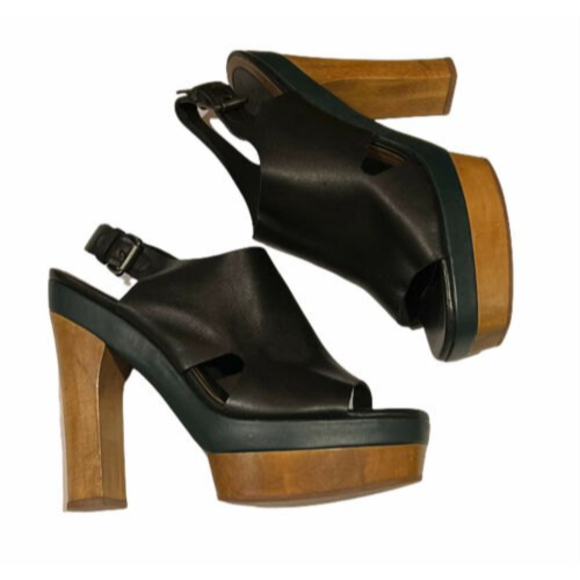 Marni for H&M Black Leather Strappy Plateau Platform Peep Toe Wooden Heels Sz 10 - Picture 3 of 12